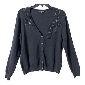 Adrienne Vittadini Silk Blend V-Neck Beaded Button Down Cardigan Sweater